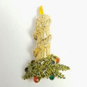 Vintage Holiday Candel Brooch, Gold Tone and Green Enamel, Rhinestones Pin